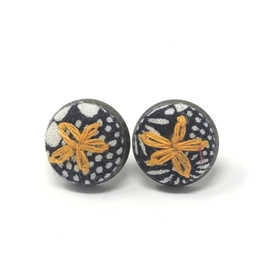 New Handmade | Upcycled Black White Yellow Floral Button Stud Earrings